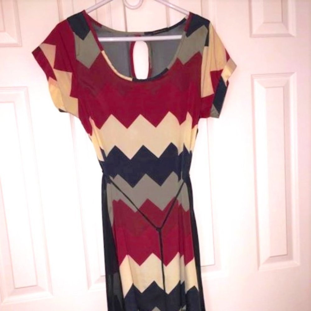 Color in Motion Hi-Low Asymetrical Hem Color Block Shirt Dress w/Mesh Back Small